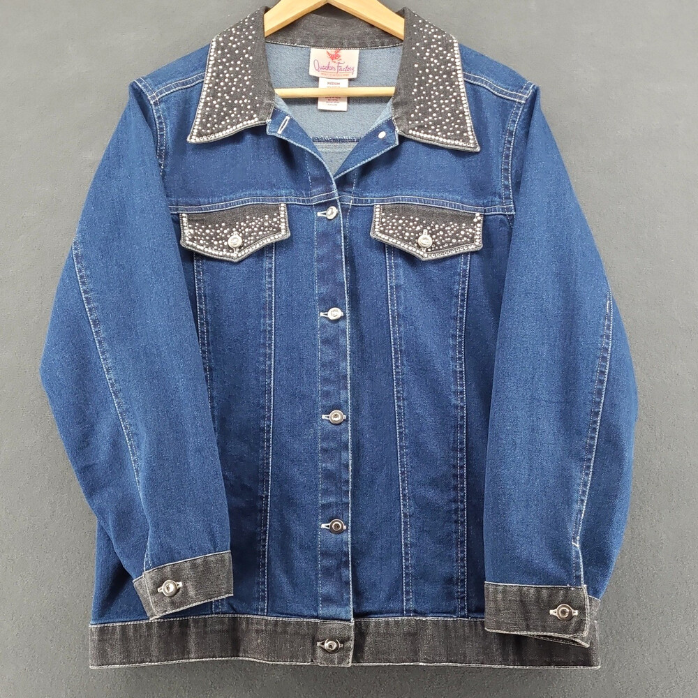 Quacker Factory Denim Jacket Womens Medium M Rhinestone Collar Crystal Buttons